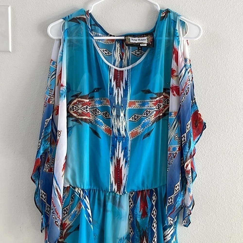 VINTAGE COLLECTIONS  Southwestern Aztec Blue Beaded Handkerchief Dress Size S - Picture 2 of 12